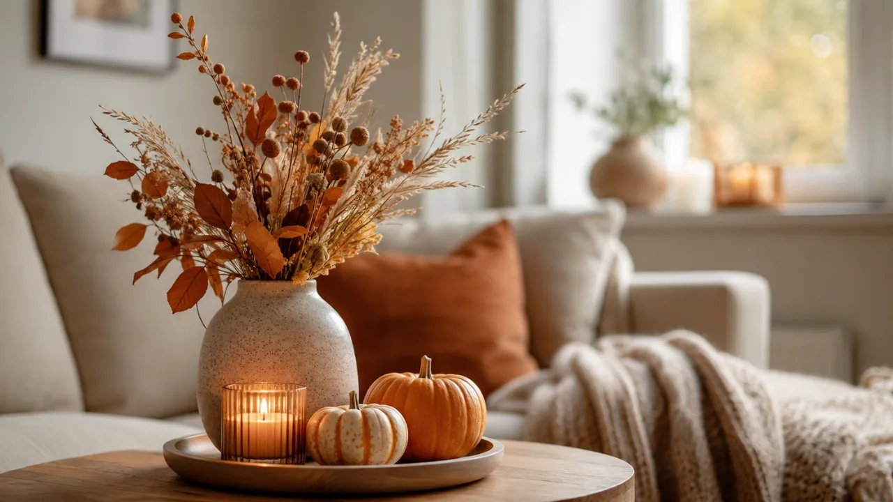 Herbstdeko für ein kleines Wohnzimmer mit Vase, Kürbissen, Kerze und warmen Naturfarben.