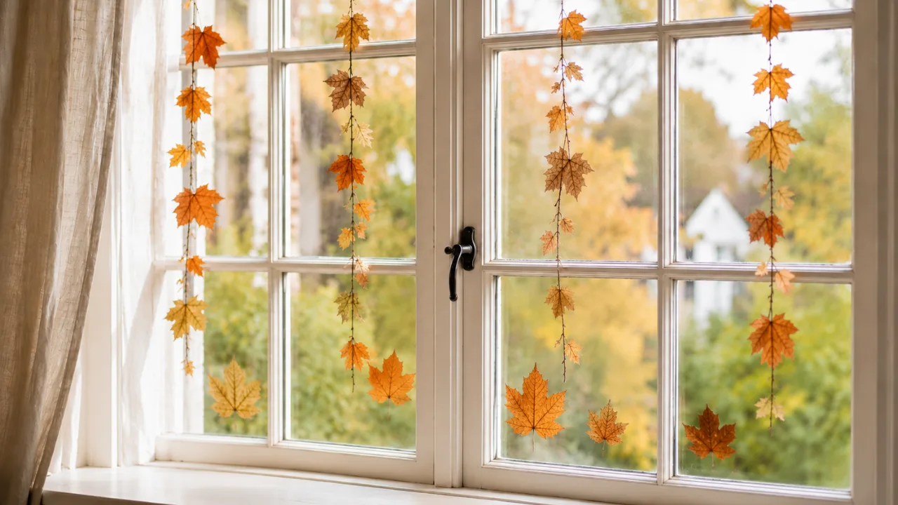 Herbstdeko fürs Fenster mit hängenden Ahornblättern in warmen Herbstfarben vor einem hellen Wohnungsfenster.