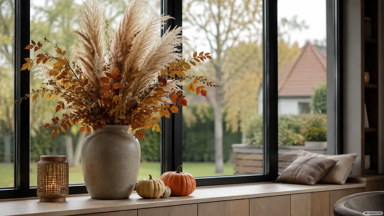 Herbstdeko für große Fenster mit Pampasgras, Kürbissen und natürlicher Fensterbank-Dekoration im warmen Wohnraum.