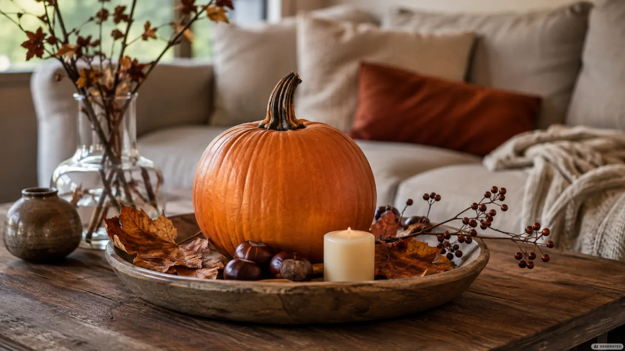 Herbstdeko für den Wohnzimmertisch mit Kürbis, Kerze und Blättern auf einem Holztisch im Wohnzimmer.