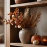Herbstdeko fürs Regal mit Vase, Kürbissen, Kerze und Büchern in warmen Naturtönen.