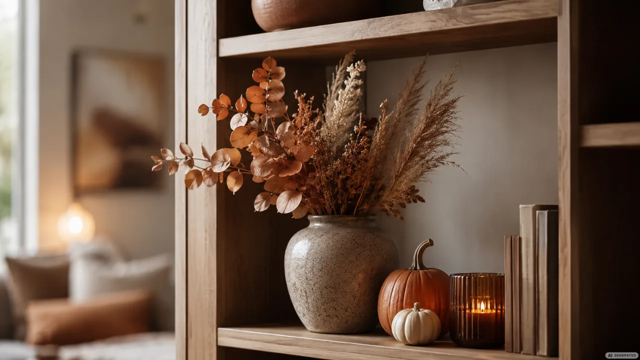 Herbstdeko fürs Regal mit Vase, Kürbissen, Kerze und Büchern in warmen Naturtönen.
