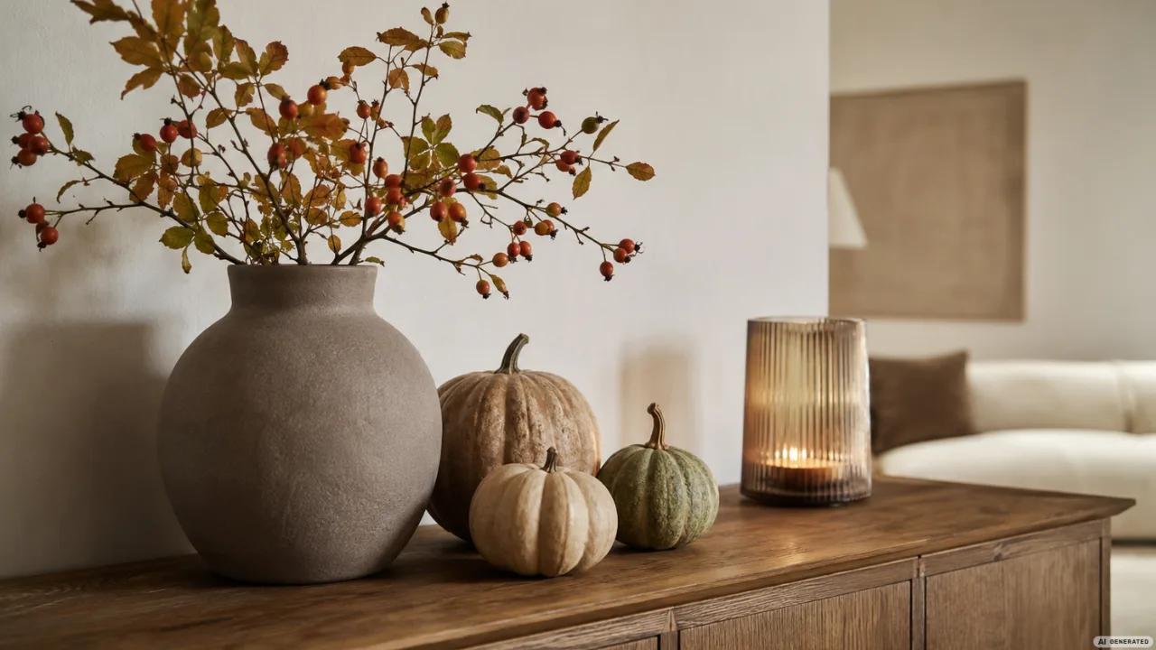 Herbstdeko für die Anrichte mit Vase, Kürbissen und Kerzenglas auf einem Holzsideboard.