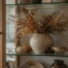 Herbstdeko für die Vitrine mit Keramikvase, Trockenblumen, kleinen Kürbissen und warmen Naturtönen.