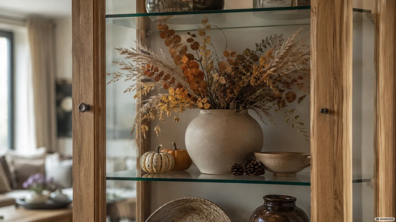 Herbstdeko für die Vitrine mit Keramikvase, Trockenblumen, kleinen Kürbissen und warmen Naturtönen.