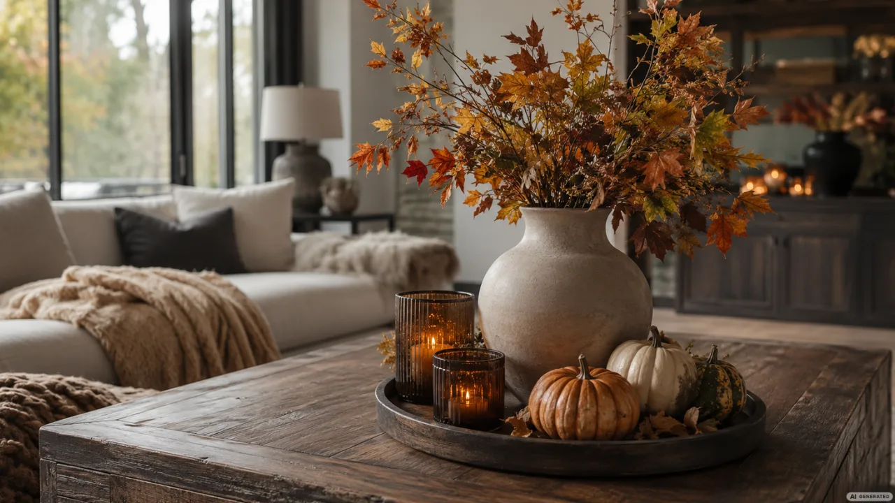Herbstdeko für große Wohnzimmer mit Vase, Kürbissen und Kerzen auf rustikalem Couchtisch.