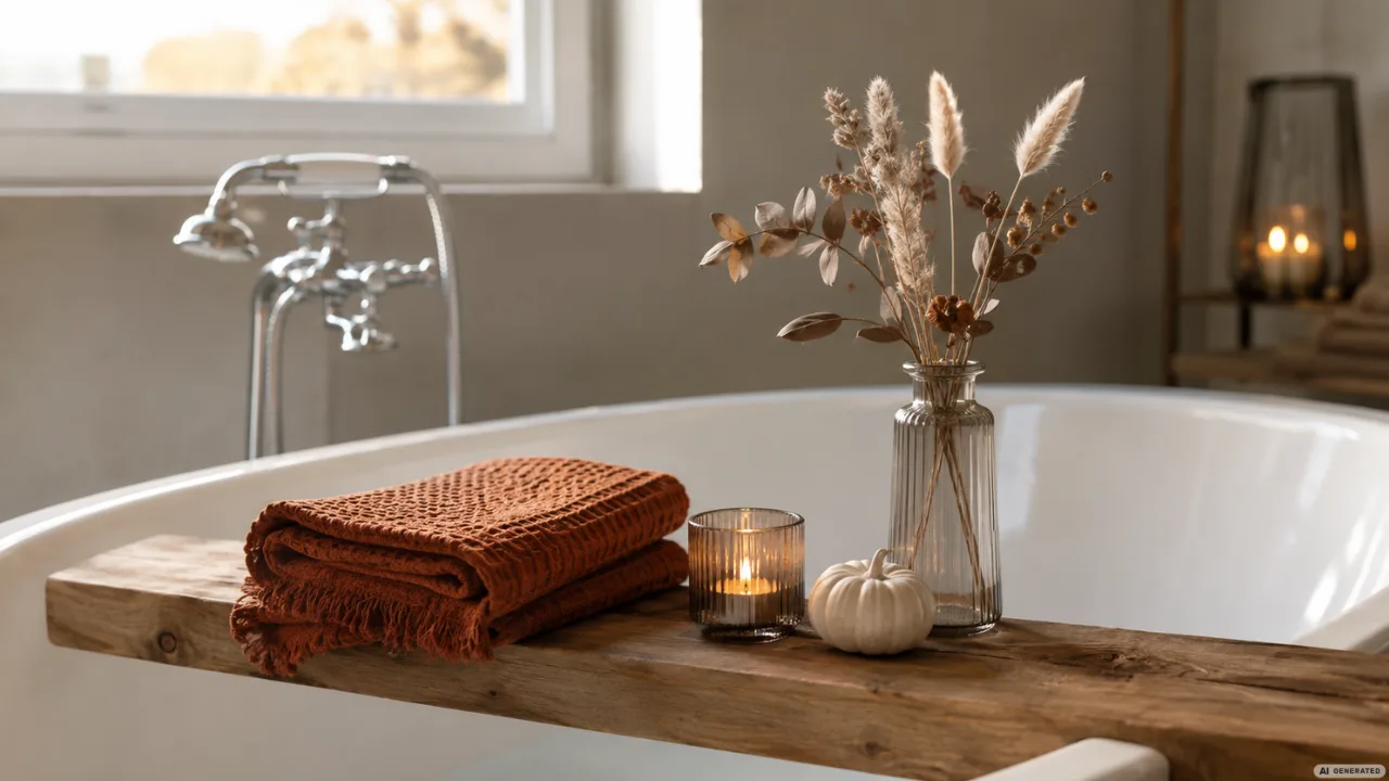 Herbstdeko für die Badewanne – 5 Ideen für gemütliche Stunden Herbstdeko für die Badewanne mit Holztablett, Kerze, Vase und warmen Naturtönen im Badezimmer.