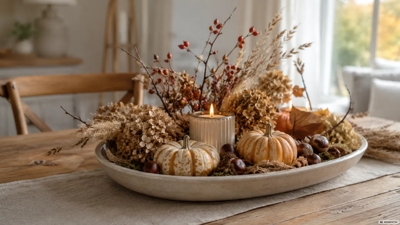 Herbstliche Tischdekoration auf Holztisch mit Kürbissen, Kerze und Trockenblumen im warmen Wohnraum.