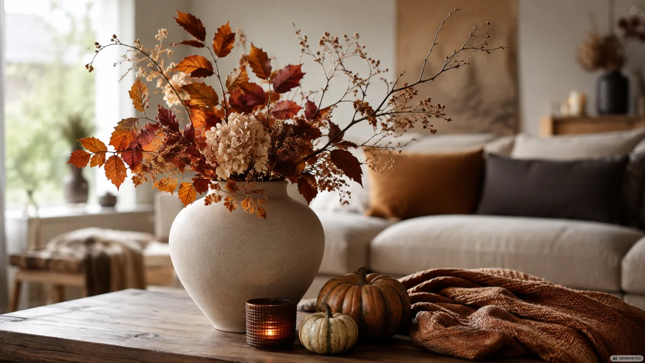Herbstdeko Trends für die Wohnung 2026 mit Vase, Herbstzweigen, Kürbissen und warmem Wohnzimmer.
