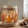 Herbstdeko selber machen: Glaswindlicht mit Blättern, Jute und Kastanien auf rustikalem Holztisch.