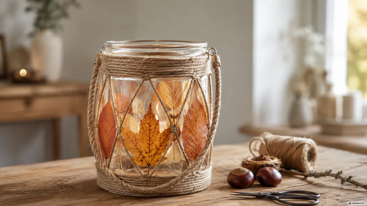 Herbstdeko selber machen: Glaswindlicht mit Blättern, Jute und Kastanien auf rustikalem Holztisch.