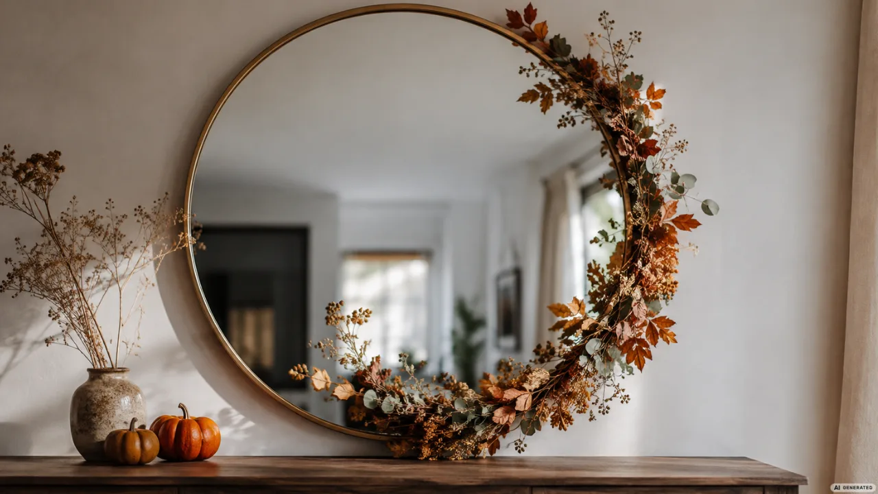 Herbstdeko für den Spiegel mit rundem Wandspiegel, Herbstgirlande, Trockenblumen und kleinen Kürbissen.