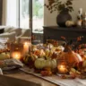 Herbstdeko für deine Hausparty mit Kerzen, Kürbissen und festlich dekoriertem Tisch im warmen Wohnraum.