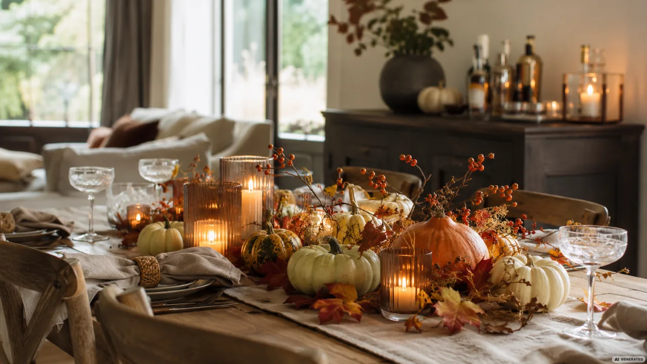 Herbstdeko für deine Hausparty mit Kerzen, Kürbissen und festlich dekoriertem Tisch im warmen Wohnraum.