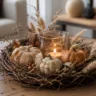DIY Herbstdeko mit Kürbissen, Kerze und Naturkranz auf Holztisch im Wohnzimmer.