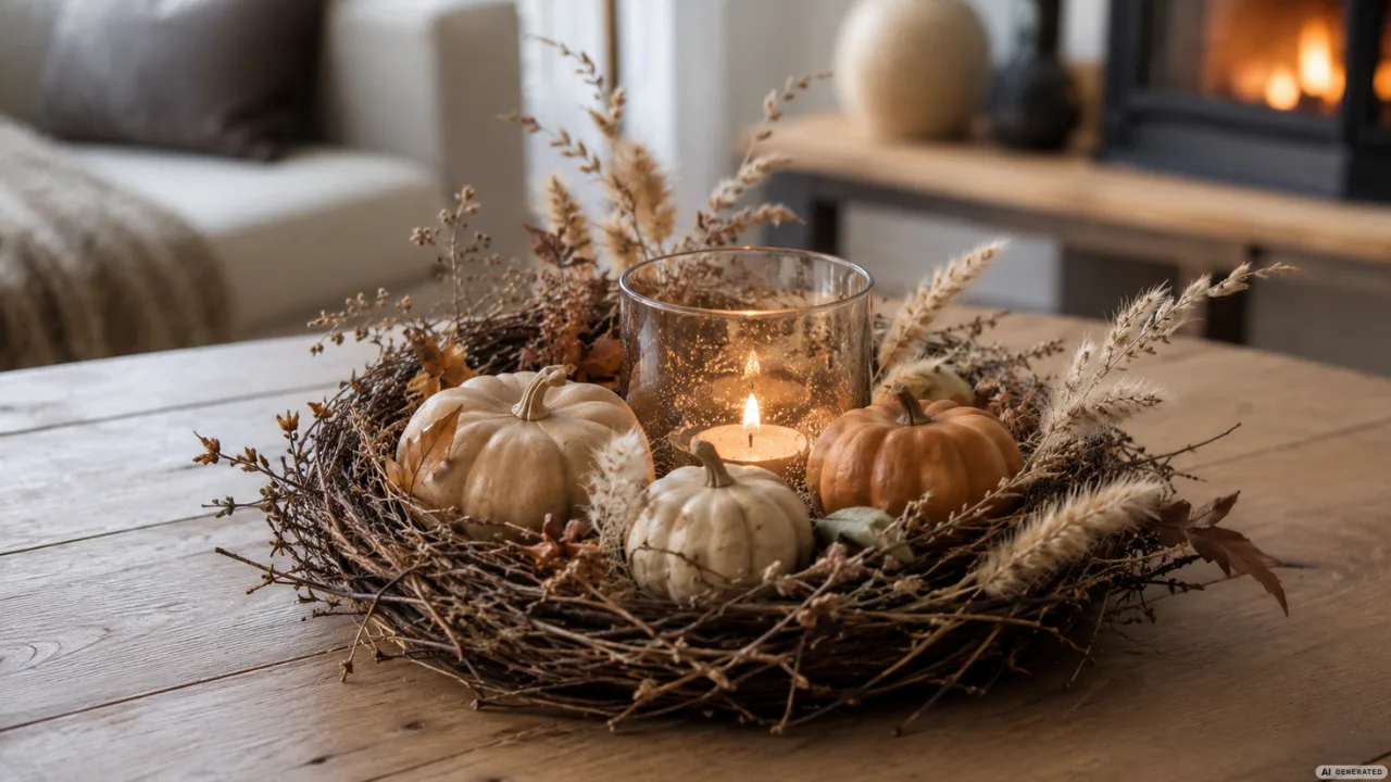 DIY Herbstdeko mit Kürbissen, Kerze und Naturkranz auf Holztisch im Wohnzimmer.