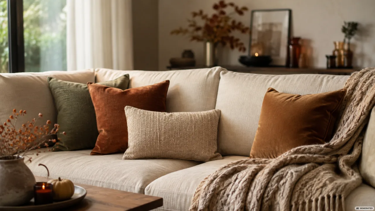 Herbstdeko fürs Sofa mit warmen Kissen, Strickdecke und ruhigen Naturtönen im gemütlichen Wohnzimmer.