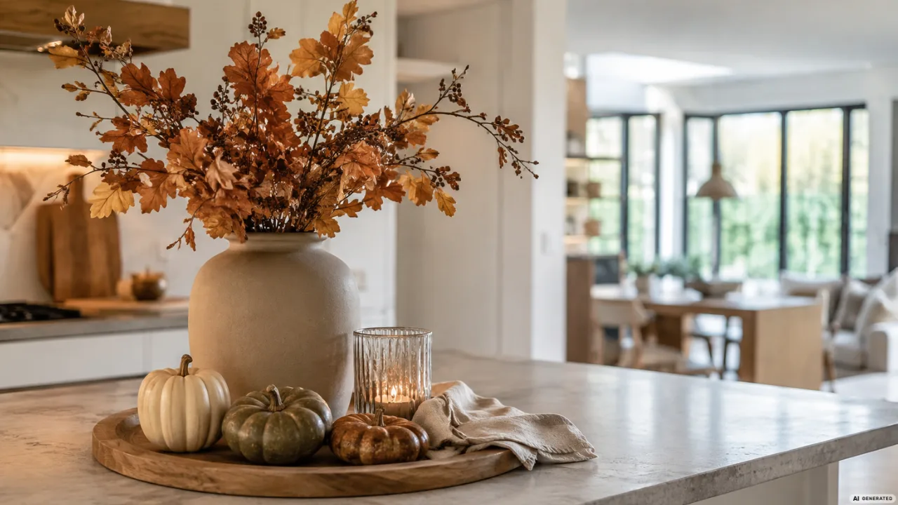 Herbstdeko für die offene Küche mit Vase, Kürbissen und Kerze auf der Kücheninsel.