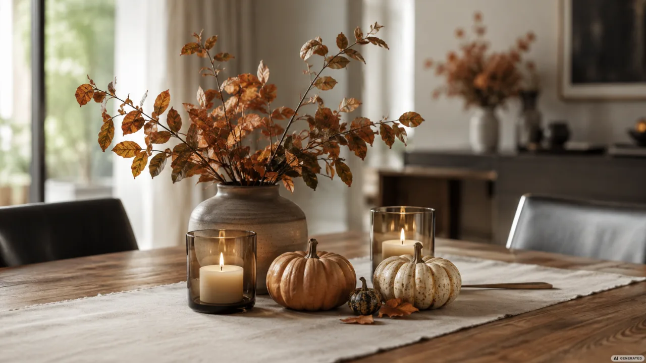 Moderne Herbstdeko für den Esstisch mit Kürbissen, Kerzen und Vase auf einem Holztisch im warmen Tageslicht.