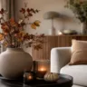 Moderne Herbstdeko im Wohnzimmer mit Vase, Kerzen und warmen Naturtönen auf dem Couchtisch.