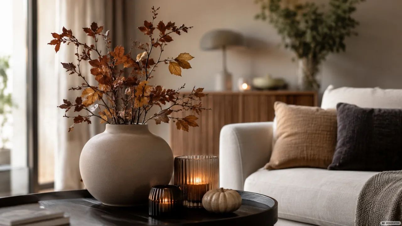 Moderne Herbstdeko im Wohnzimmer mit Vase, Kerzen und warmen Naturtönen auf dem Couchtisch.