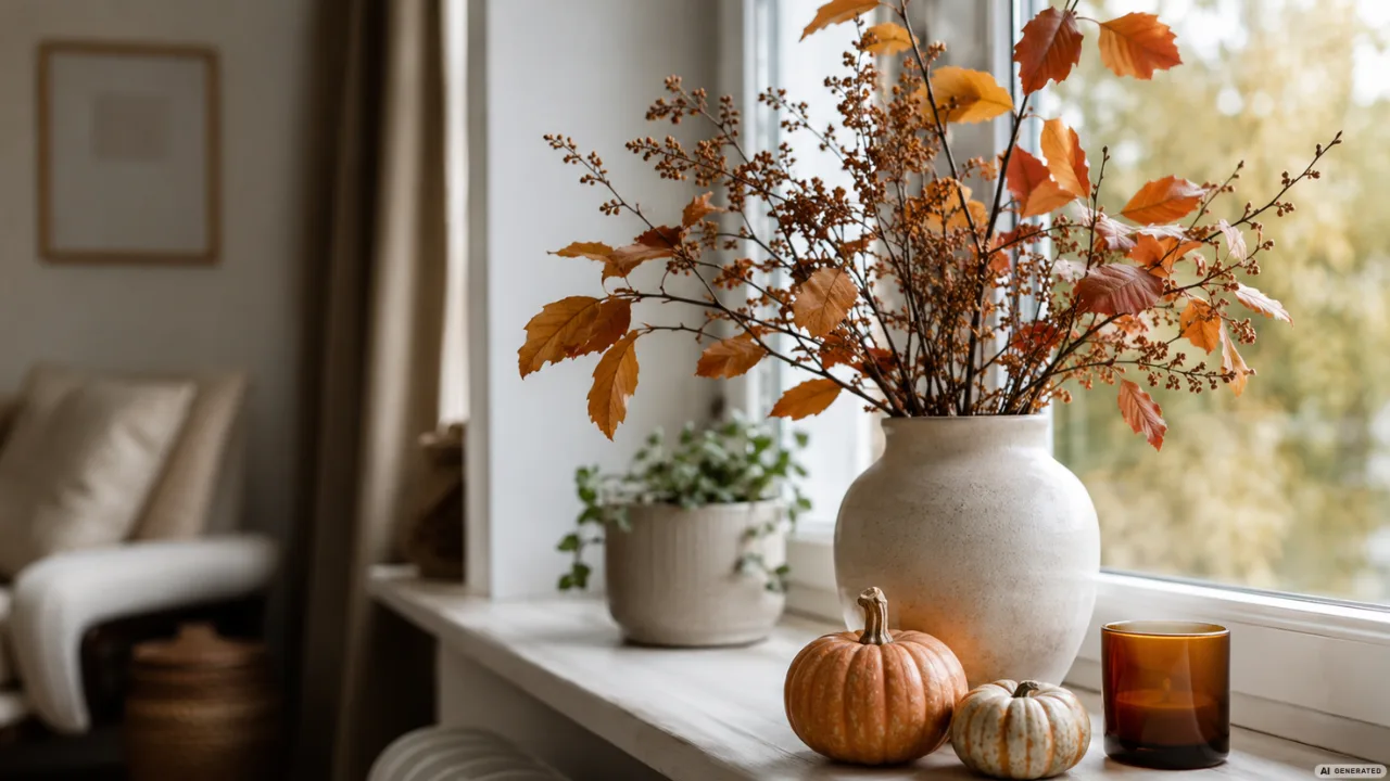 Moderne Herbstdeko für die Fensterbank mit Vase, Zweigen, Kürbissen und Kerzenglas im weichen Tageslicht.