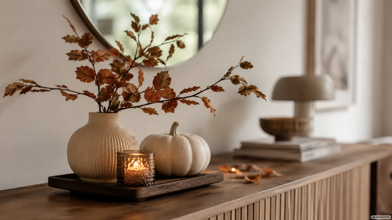 Moderne Herbstdeko fürs Sideboard mit Vase, Kürbis und Kerze auf Holzsideboard im weichen Tageslicht.