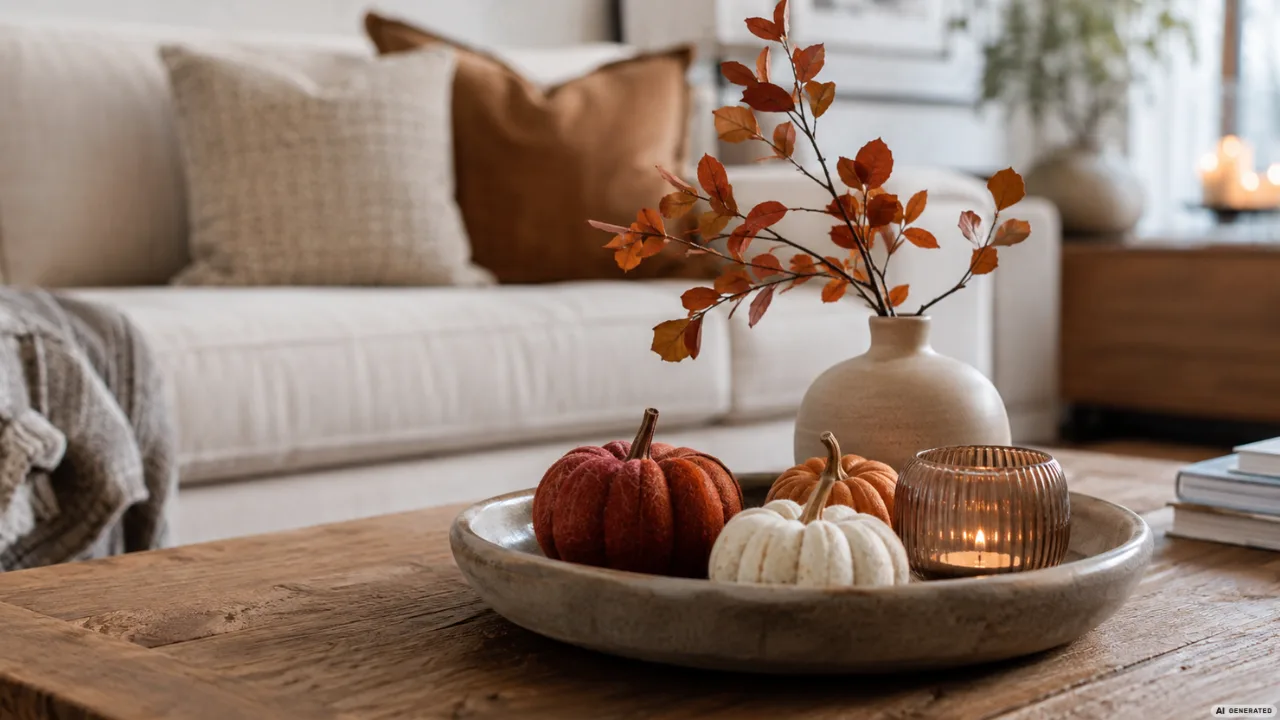 Moderne Herbstdeko für den Couchtisch mit Kürbissen, Vase und Kerze in einem ruhigen Wohnzimmer.