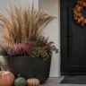Moderne Herbstdeko für die Haustür mit Pflanzkübel, Gräsern, Kranz und Kürbissen als stilvolle Idee.