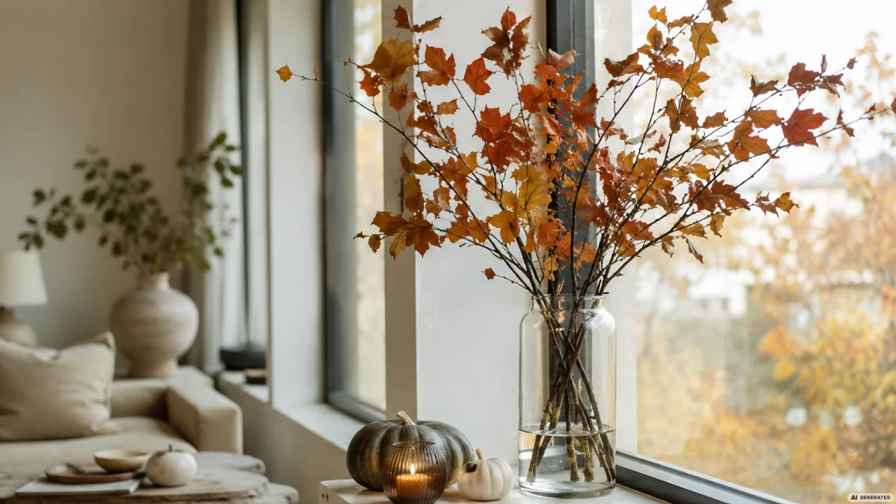 Moderne Herbstdeko für große Fenster mit Vase, Zweigen, Kürbissen und Kerzen auf heller Fensterbank.