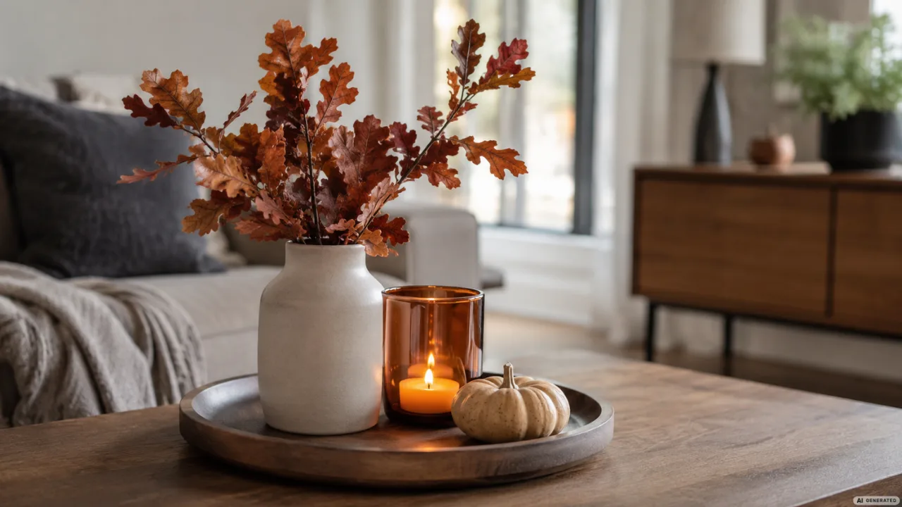 Moderne Herbstdeko für kleine Wohnzimmer mit Vase, Kerze und Kürbis auf dem Couchtisch.