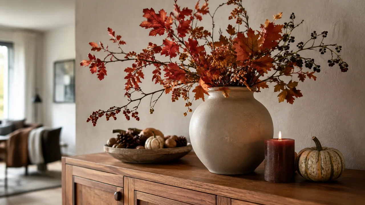 Herbstdeko fürs Sideboard selber machen mit Vase, Zweigen, Kerze und kleinen Kürbissen auf Holzsideboard.