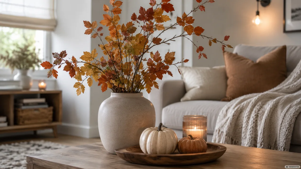 Moderne Herbstdeko im kleinen Wohnzimmer mit Vase, Herbstzweigen, Kerze und Kürbissen auf dem Couchtisch.