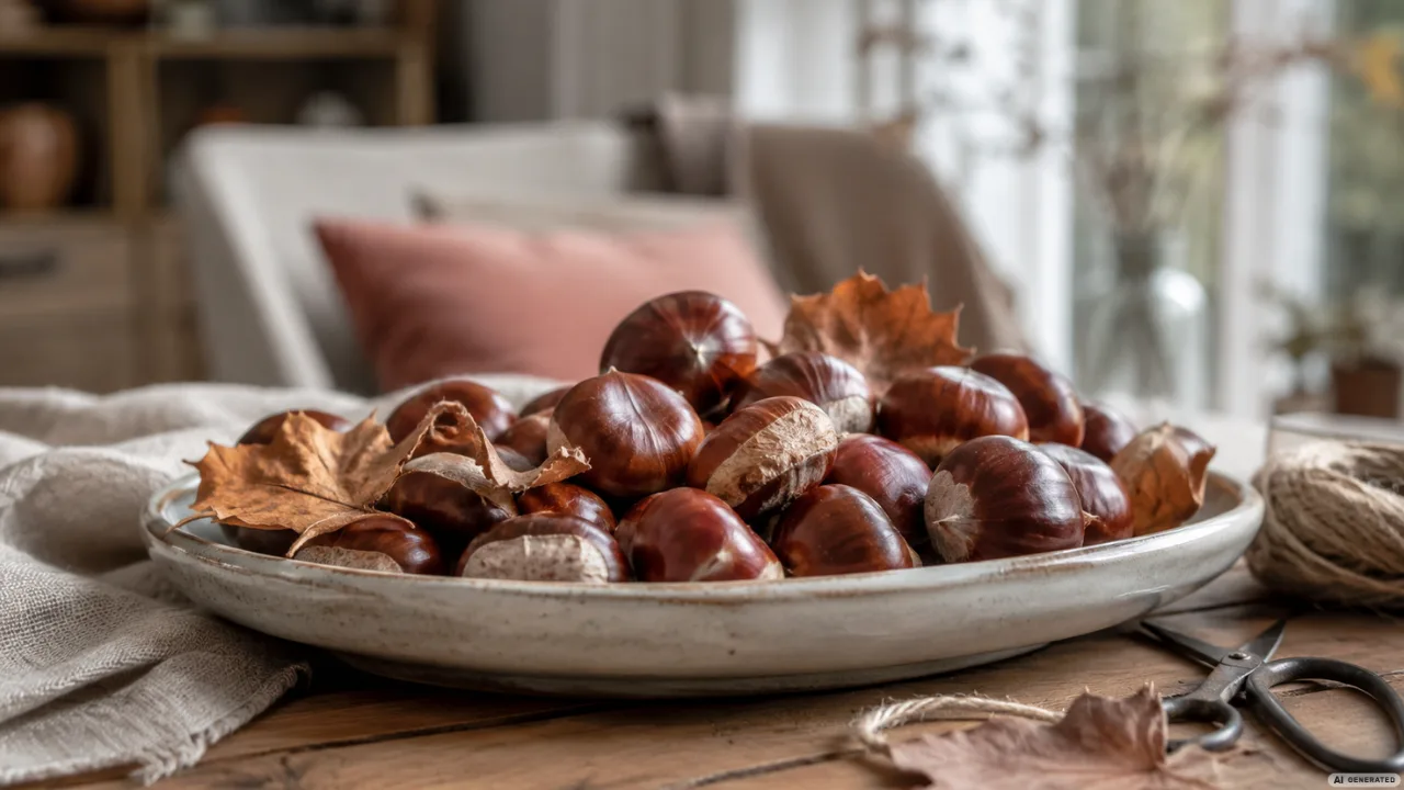 Herbstdeko mit Kastanien basteln: glänzende Kastanien in einer flachen Keramikschale auf rustikalem Holztisch.