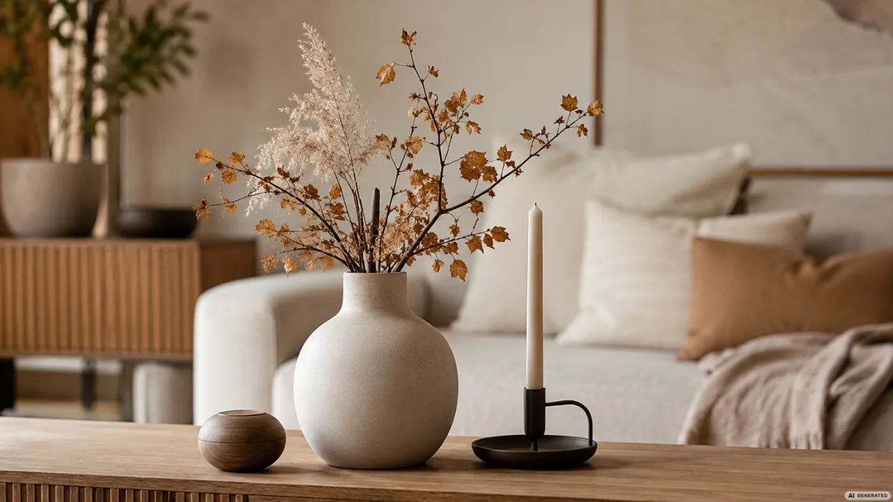 Minimalistische Herbstdeko fürs Wohnzimmer mit Vase, Herbstzweigen, Kerze und warmen Naturtönen.