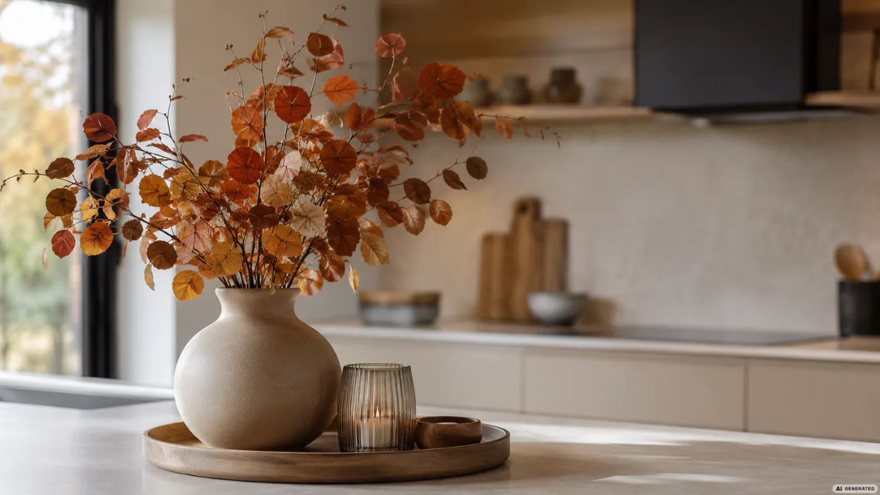 Moderne Herbstdeko für die Küche mit Vase, Herbstzweigen und Tablett in einer hellen, ruhigen Wohnküche.