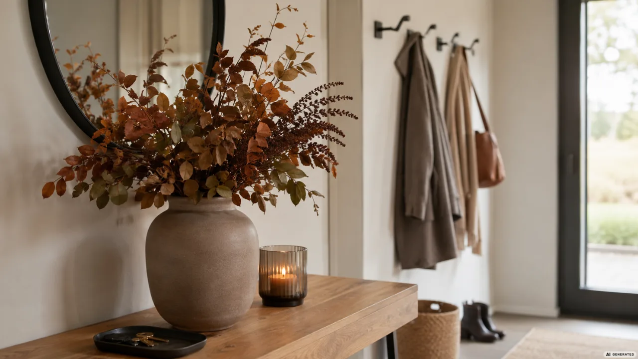 Moderne Herbstdeko für die Garderobe mit Vase, Herbstzweigen, Kerze und ruhiger, aufgeräumter Flurwirkung.