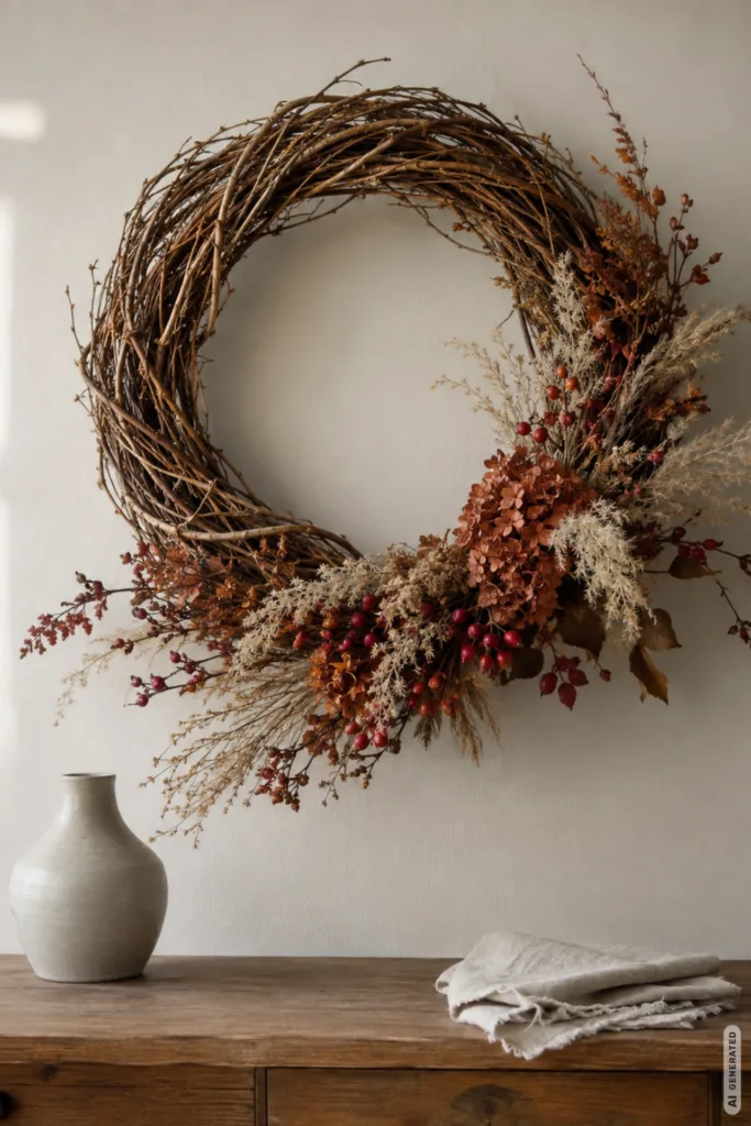 Herbstdeko für die Wand mit großem Naturkranz aus Zweigen, Beeren und Trockenblumen über einem Holztisch.