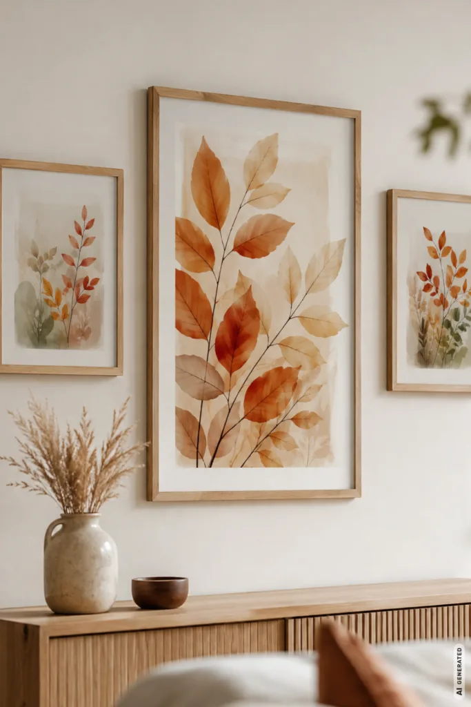 Herbstdeko für die Wand mit drei gerahmten botanischen Bildern über einer hellen Holzkonsole im Wohnzimmer.