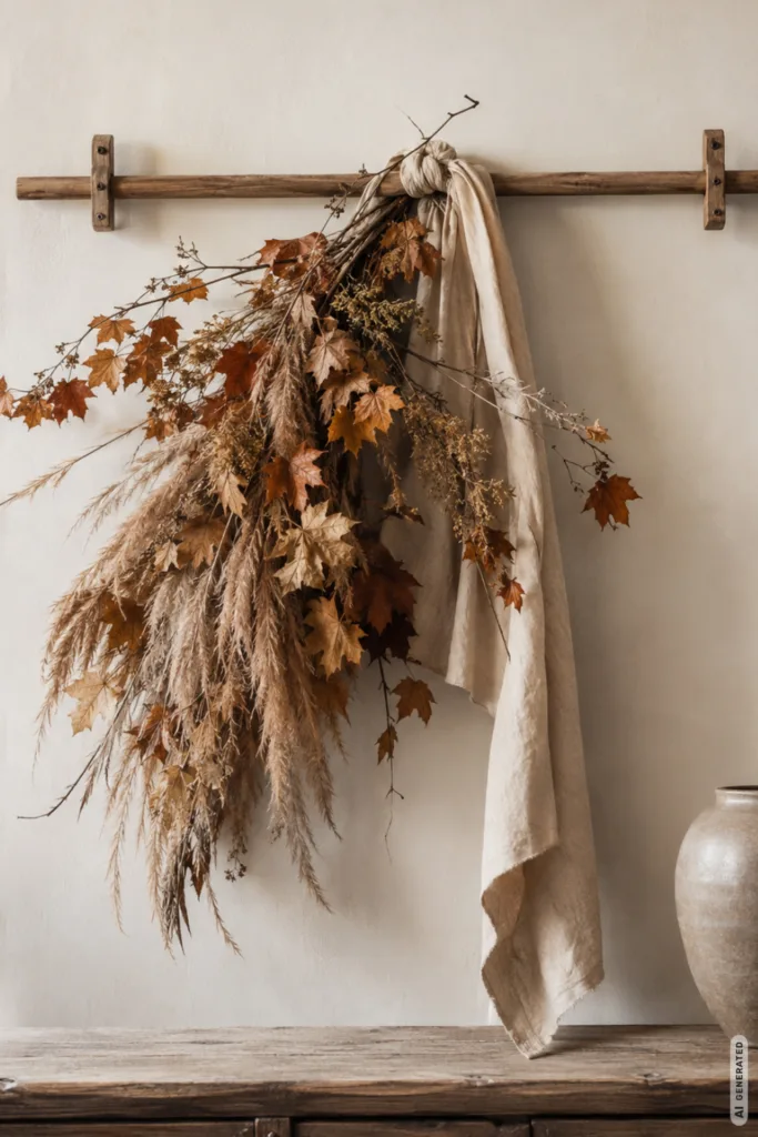 Herbstdeko für die Wand mit Holzstange, Trockenblumen, Herbstblättern und Leinentuch in natürlichem Wohnstil.