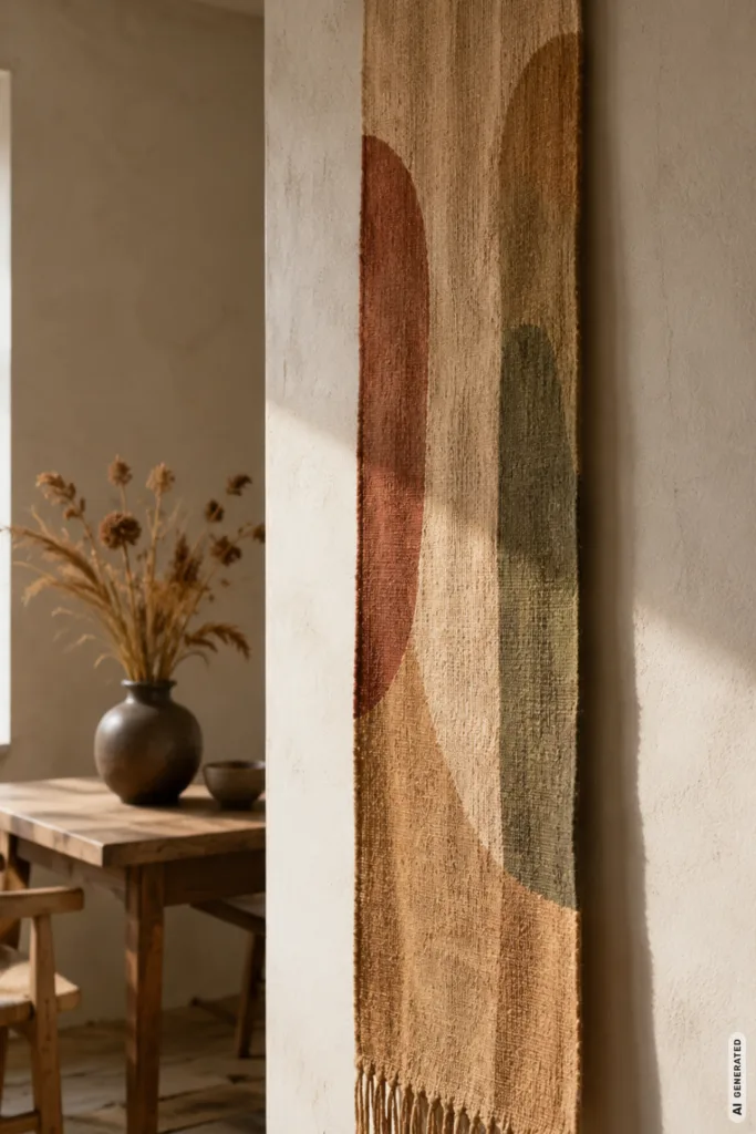 Herbstdeko für die Wand mit warmem Stoffbehang in Beige, Rostrot und Oliv in einem ruhigen Wohnraum.