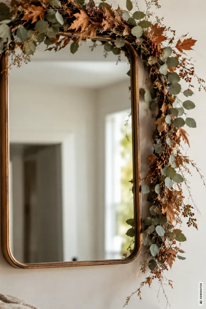 Diese 5 Ideen geben deinem Spiegel sofort einen herbstlichen Look Herbstdeko für den Spiegel mit Eukalyptus, Herbstblättern und Beeren als lockere Girlande.
