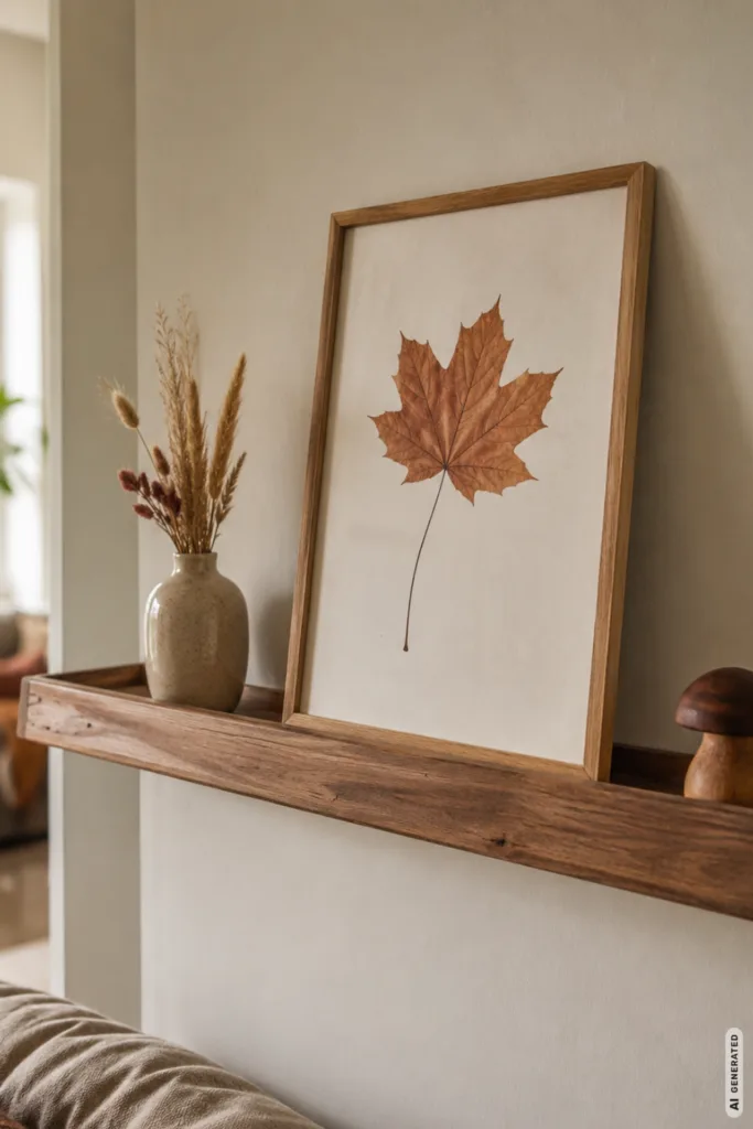 Herbstdeko für die Wand mit schmalem Wandregal, Ahornblatt-Print, Vase mit Gräsern und Holzdeko im Wohnzimmer.