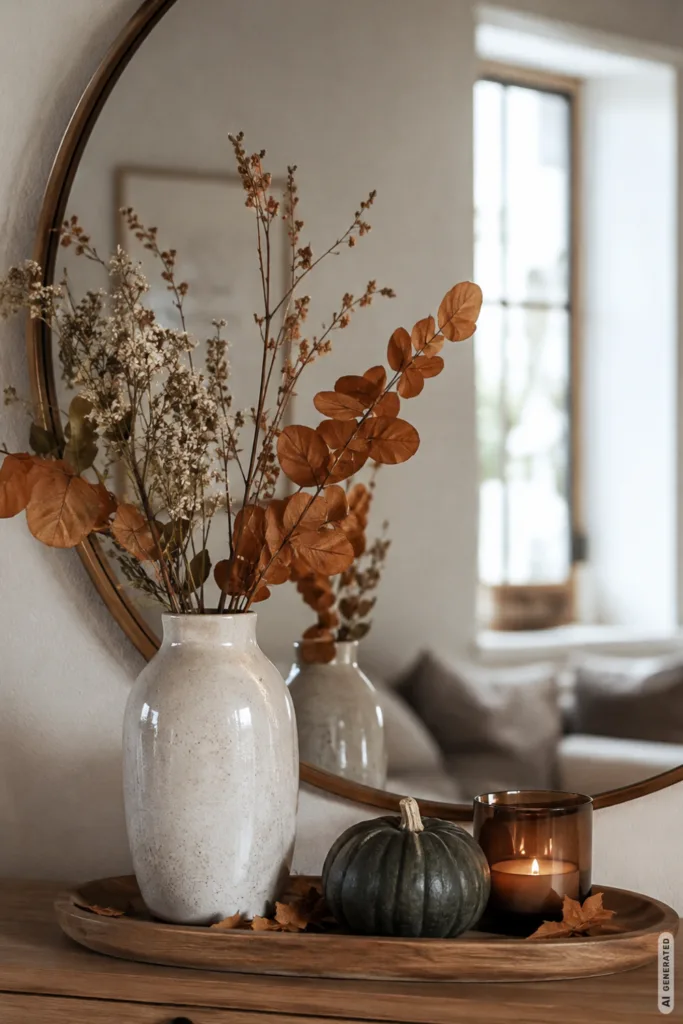 Diese 5 Ideen geben deinem Spiegel sofort einen herbstlichen Look Herbstdeko für den Spiegel mit Trockenblumen, Keramikvase und kleinem Kürbis auf einer Kommode.