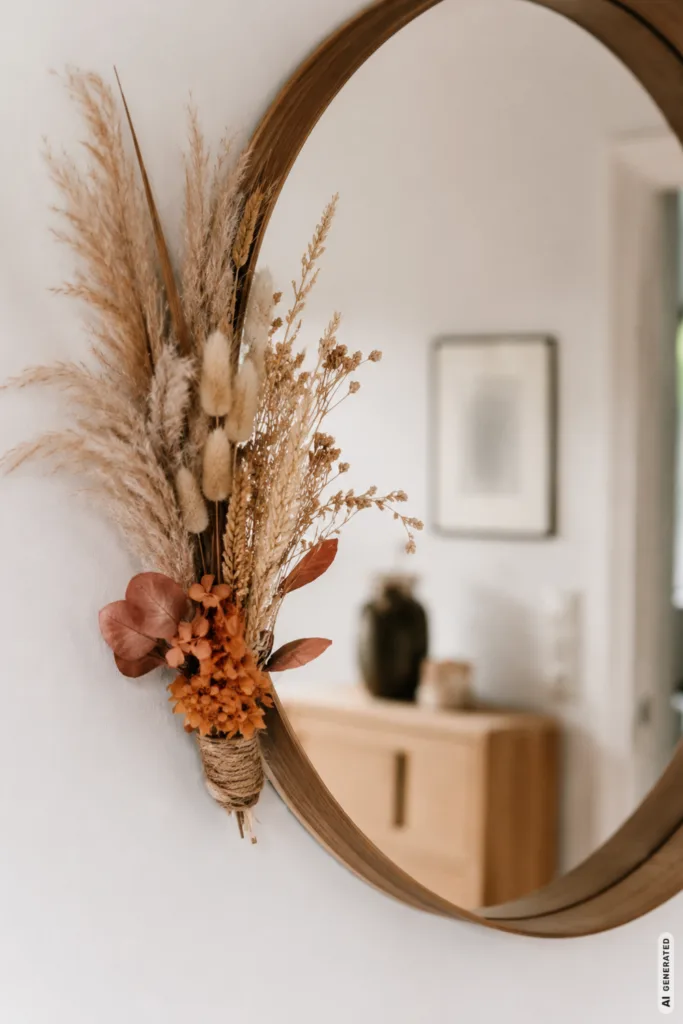 Diese 5 Ideen geben deinem Spiegel sofort einen herbstlichen Look Herbstdeko für den Spiegel mit Trockenblumen, Gräsern und warmen Naturtönen im Wohnraum.