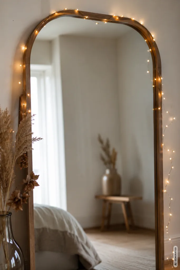 Diese 5 Ideen geben deinem Spiegel sofort einen herbstlichen Look Herbstdeko für den Spiegel mit feiner Lichterkette, Holzrahmen und Trockenblumen in warmem Tageslicht.