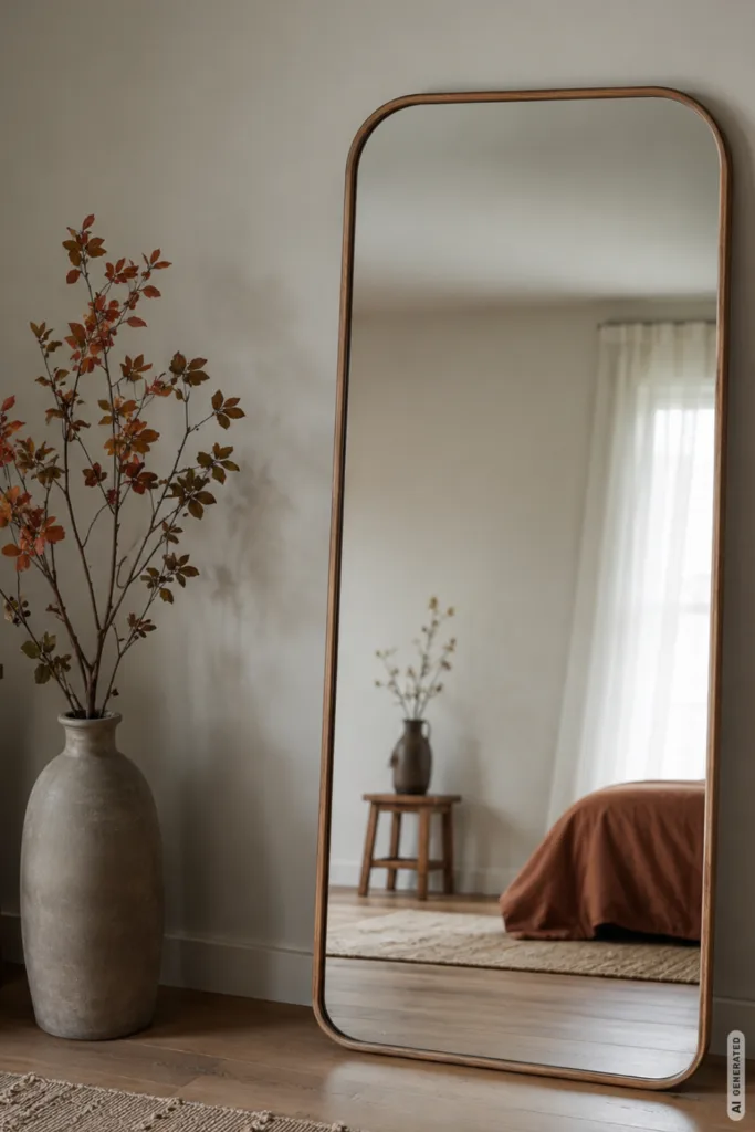 Diese 5 Ideen geben deinem Spiegel sofort einen herbstlichen Look Herbstdeko für den Spiegel mit großer Vase, Herbstzweigen und bodenlangem Spiegel im Schlafzimmer.