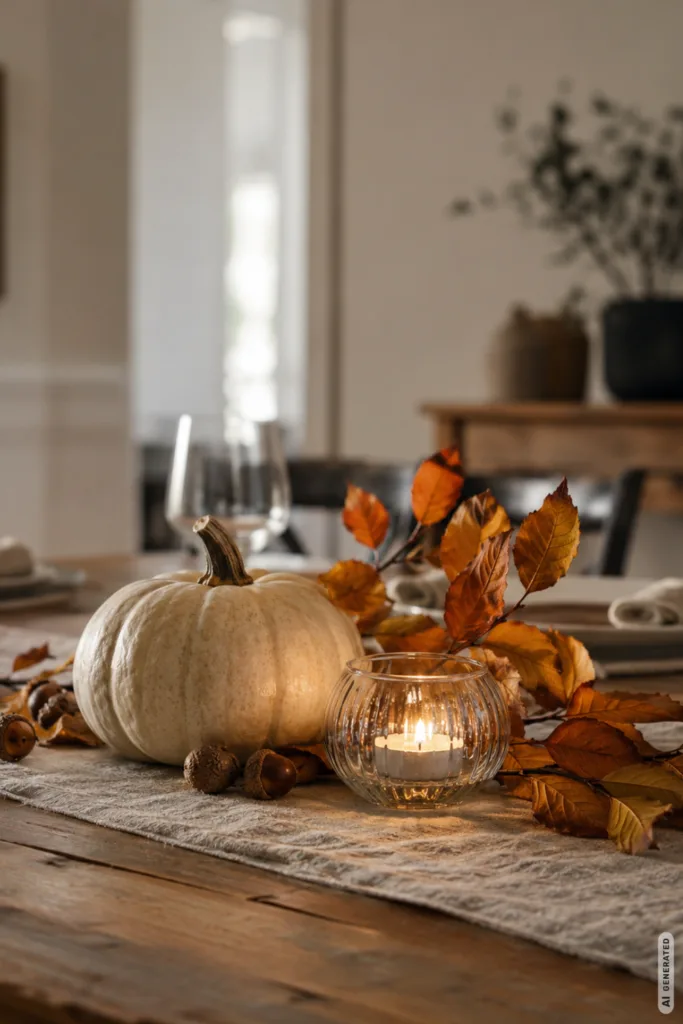 Mit diesen 5 Deko-Ideen bekommt deine Hausparty echtes Herbstgefühl Herbstdeko für deine Hausparty: herbstlich dekorierter Esstisch mit Kürbis, Kerze und Blättern