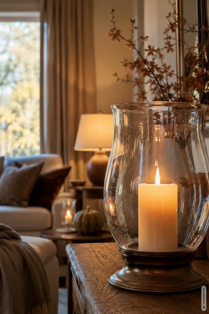 Mit diesen 5 Deko-Ideen bekommt deine Hausparty echtes Herbstgefühl Herbstdeko für deine Hausparty mit warmem Kerzenlicht im Wohnzimmer und gemütlicher Lichtstimmung.