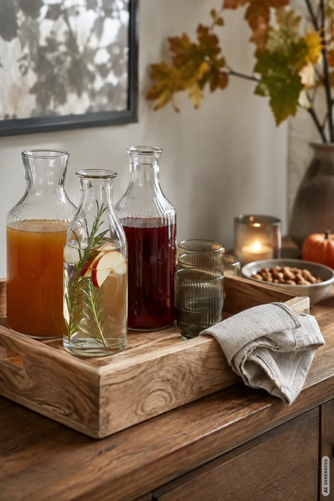 Mit diesen 5 Deko-Ideen bekommt deine Hausparty echtes Herbstgefühl Herbstdeko für deine Hausparty mit herbstlicher Getränkestation auf Holztablett, Karaffen, Gläsern und Snacks.